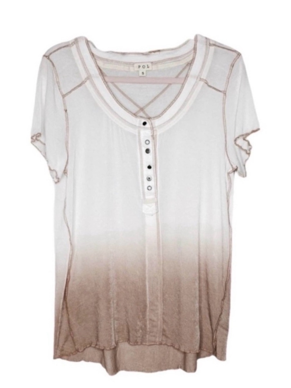 🆕 POL Tan and Cream Ombré Sheer Knit Short Sleeve Button Up Top / Small / NWOT!